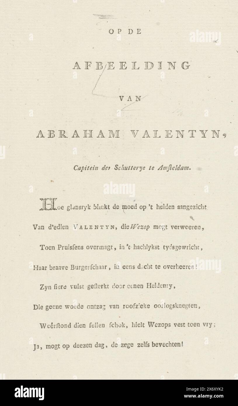Texte sur l'image d'Abraham Valentijn, huit lignes de vers en néerlandais accompagnant le portrait gravé d'Abraham Valentijn., estampe, inconnue, en 1796 ou avant, papier, typographie, hauteur, 219 mm × largeur, 135 mm Banque D'Images
