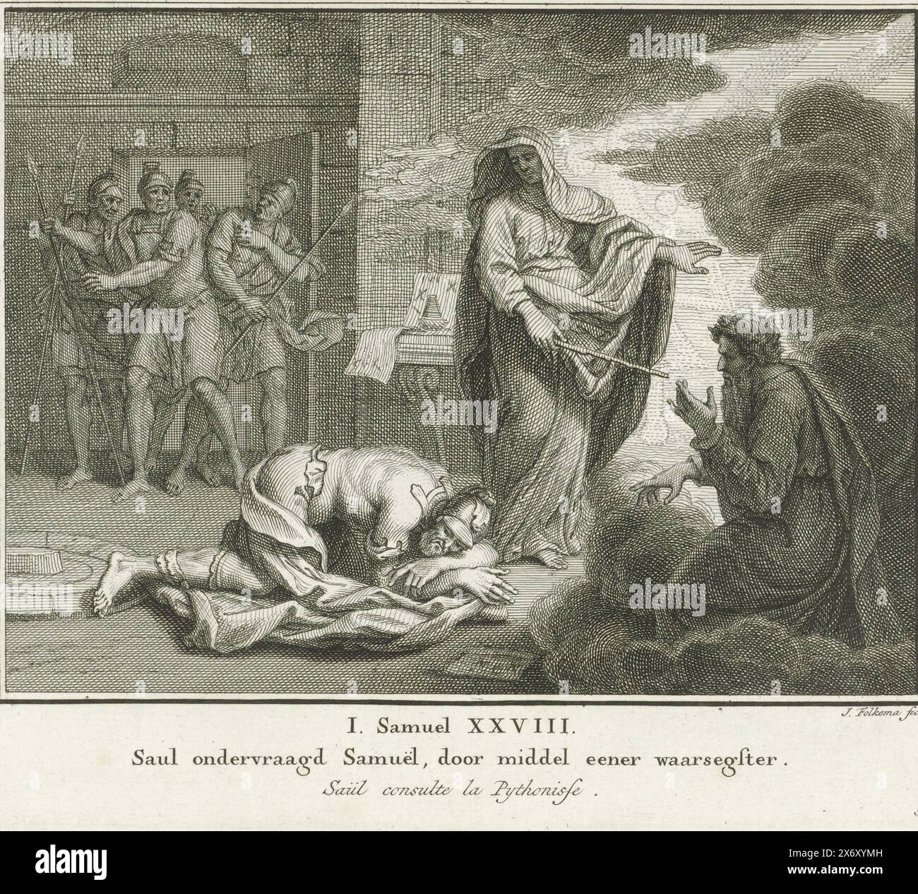 Saul avec la sorcière d'Endor, scène biblique de 1 Sam. 28 Saul parle à l'esprit de Samuel à la sorcière d'Endor. Ci-dessous la performance est le titre en néerlandais et en français. Tirage numéroté en bas à droite : 54., tirage, imprimeur : Jacob Folkema, (mentionné sur l'objet), éditeur : Johannes de Groot (II), éditeur : Abraham Blussé & Zoon, éditeur : Amsterdam, éditeur : Dordrecht, 1791, papier, gravure, hauteur, 164 mm × largeur, 194 mm Banque D'Images