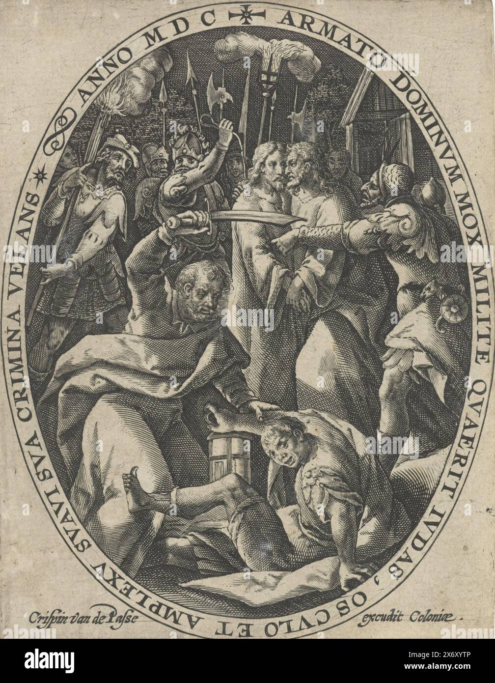 Le baiser de Judas et l'arrestation du Christ, la passion du Christ (titre de la série), Passio Domini nostri Jesu Christi (titre de la série), Judas embrasse le Christ sur la joue. Les soldats l'entourent et l'arrêtent. Peter est sur le point de couper l'oreille d'un des soldats. La scène est contenue dans un cadre ovale avec une inscription de bordure en latin. Tirage d'une série avec la passion du Christ., imprimeur, imprimeur : Crispijn van de passe (I), éditeur : Crispijn van de passe (I), (mentionné sur l'objet), Cologne, 1600, papier, gravure, hauteur, 141 mm × largeur, 108 mm Banque D'Images