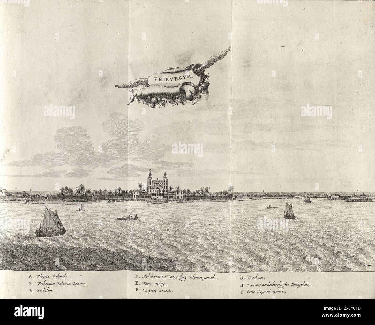 Vue du palais de Vrijburg, vers 1636-1644, Friburgum (titre sur l'objet), vue du palais de Vrijburg à Mauritsstad, vers 1636-1644. Dans l'air une banderole ailée avec le titre. Dans la légende, l'explication des lettres A-I en latin. Plaque [no 38] dans une série de 55 représentations du voyage et du séjour au Brésil du comte Johan Maurits de Nassau dans les années 1636-1644., imprimeur, imprimeur : Jan van Brosterhuyzen, imprimeur : Salomon Savery, après dessin par : Frans Jansz Post, (mentionné sur l'objet), imprimeur: pays-Bas du Nord, imprimeur : pays-Bas du Nord, éditeur : Amsterdam Banque D'Images