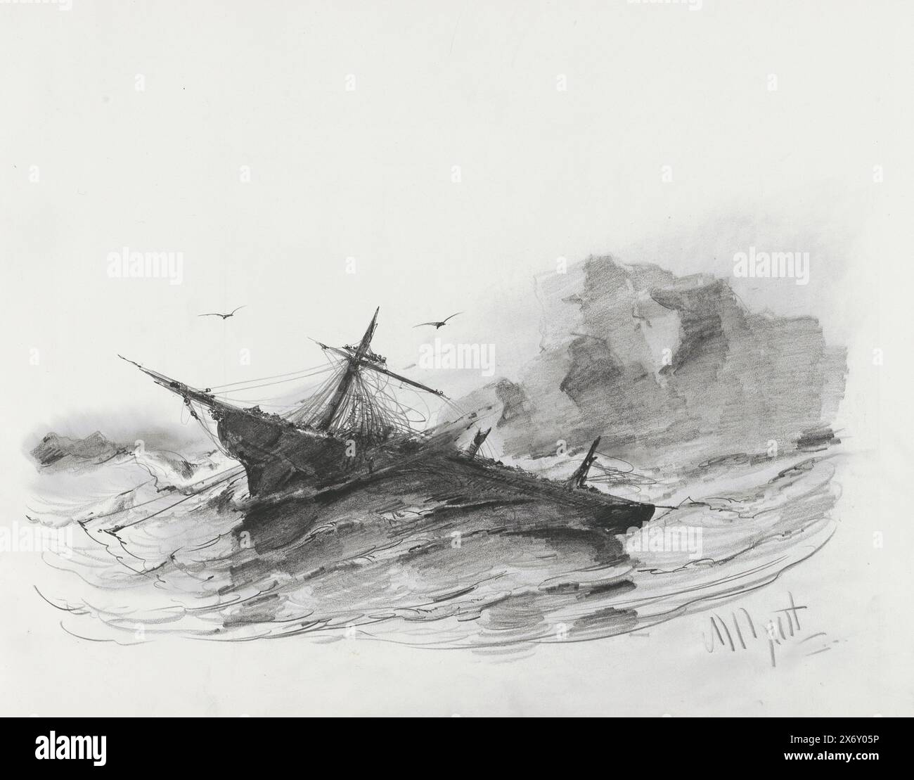 Naufrage, mer turbulente avec un voilier dont les trois mâts ont été en grande partie cassés. Feuille 17 recto d'un carnet de croquis de 46 feuilles., dessinateur : Albertus van Beest, 1830 - 1860, papier, hauteur, 417 mm × largeur, 548 mm Banque D'Images