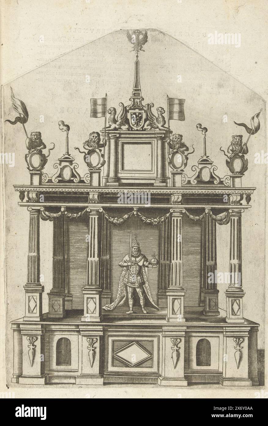 Théâtre avec le roi Albrecht Ier, 1594, théâtre avec le roi Albrecht Ier de Habsbourg en 1299. Entrée festive de l'archiduc Ernst comme gouverneur des pays-Bas tenue à Bruxelles le 30 janvier 1594. Partie de la description de cette entrée Descriptio et explicatio pegmatum, arcuum spectaculorum quae Bruxellae Brabant. pridie Cal. Fév Ao. 1594 exposita fuere, sub ingressum ... Ernesti ... Archiducis Austriae ... pro Philippo II. Belgicae ditionis gubernatore, J. Mommaert, Bruxelles 1594., imprimerie, imprimerie : anonyme, Editeur : Jan Mommaert (I), imprimeur : Southern Netherlands, éditeur : Brussels, 1594 Banque D'Images