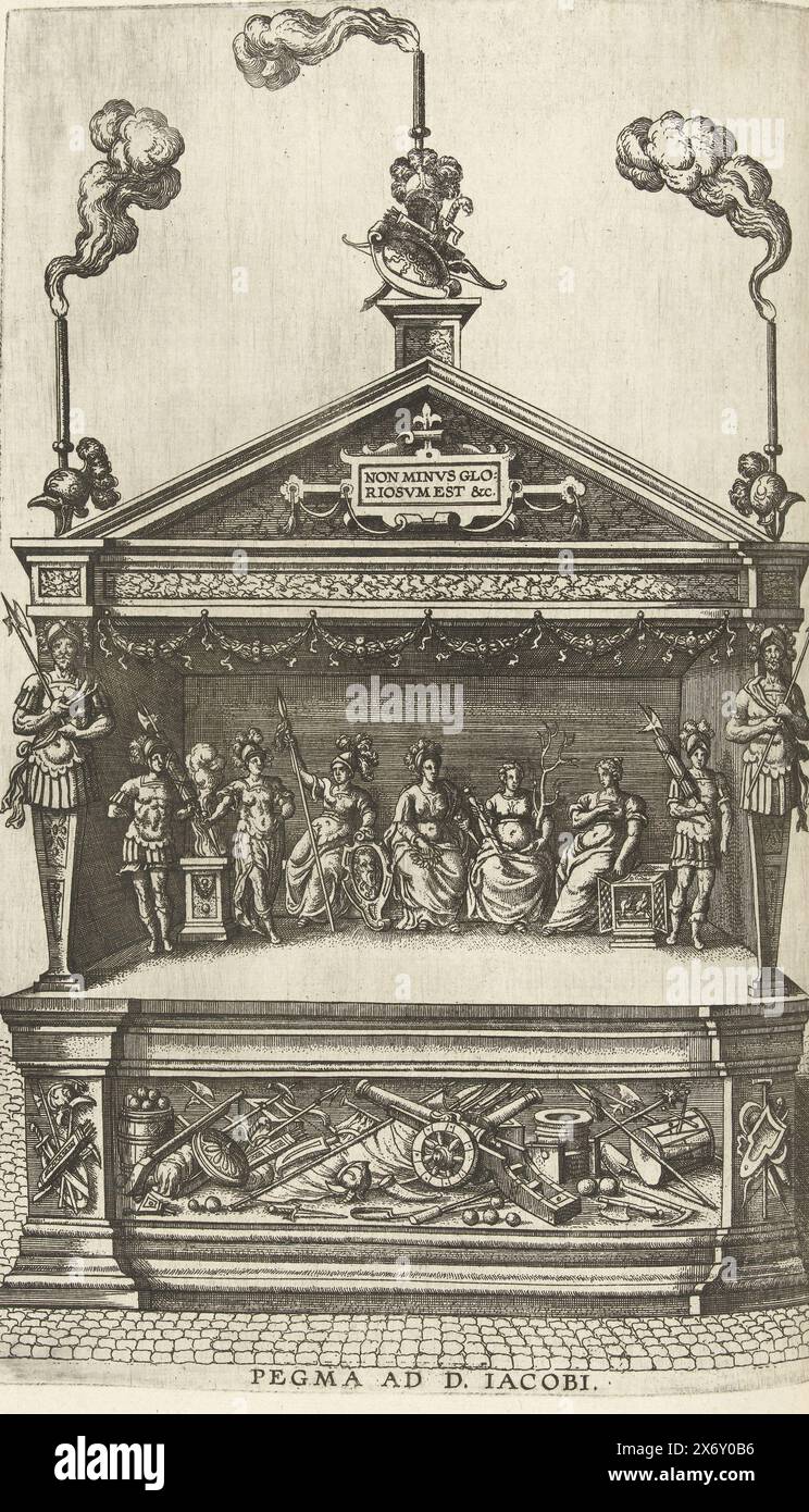 Théâtre en l'honneur de la stratégie, 1594, Pegma ad D. Iacobi. (Titre sur objet), Théâtre en l'honneur de la Stratégie, 1594. Érigé dans la Lange Nieuwstraat près de l'installation Jacobskerk. Scène avec des personnifications de compétences militaires, décorée de trophées d'armes. Partie de la description de l'entrée de l'archiduc Ernst à Anvers, le 18 juillet 1594, par Joannes Bochius, Descriptio publicae gratulationis, spectaculorum et ludorum, in adventu Sereniss. Principis Ernesti Archiducis Austriae, ex Officina Plantiniana, Anvers 1595., imprimerie, imprimeur : Pieter van der Borcht (I), éditeur : Officina Plantiniana Banque D'Images