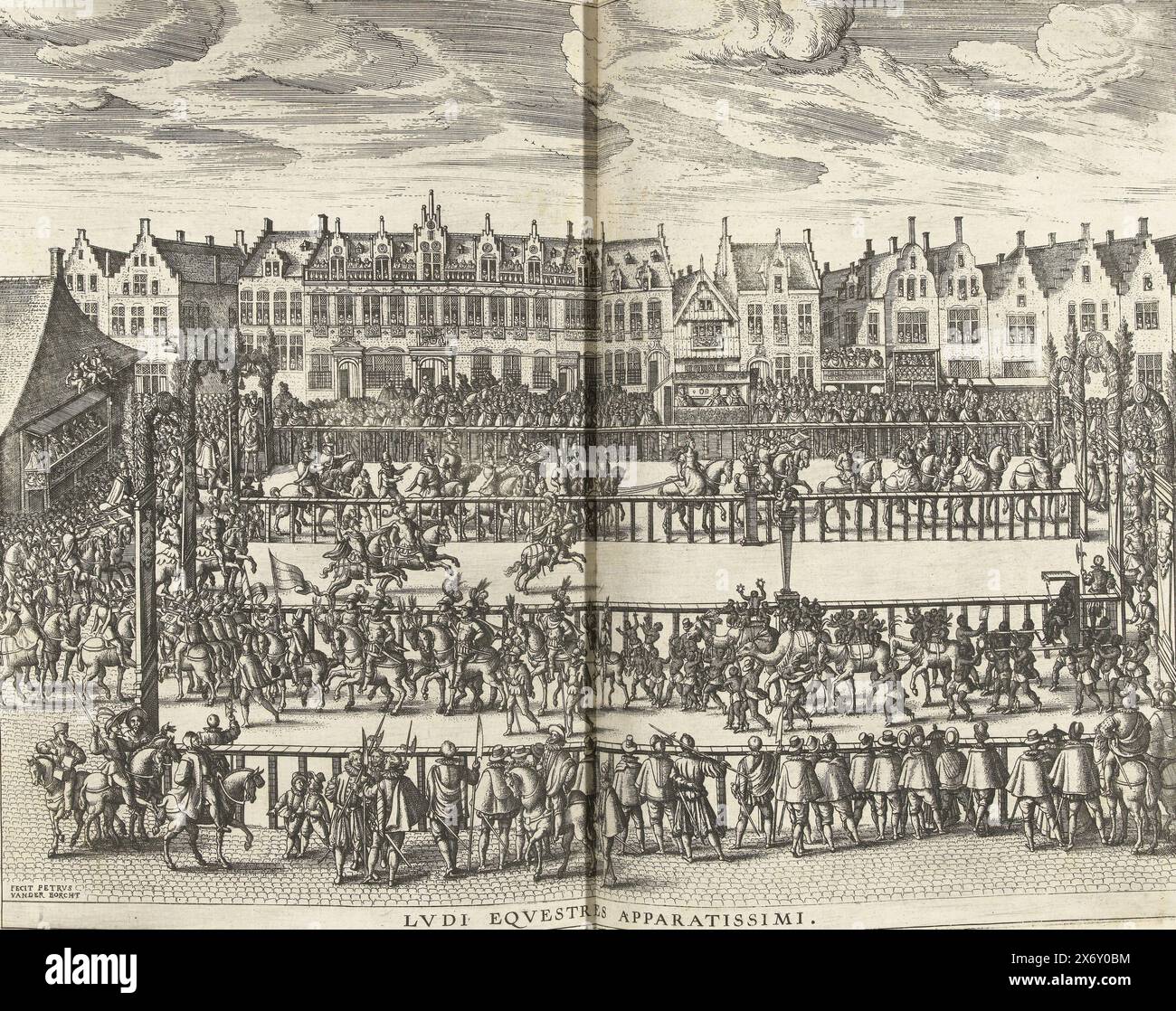 Couture d'anneau sur le Meir, 1594, Ludi équestres Apparatissimi (titre sur objet), couture d'anneau sur le Meir. Au premier plan un roi noir dans une chaise de berline avec des porteurs. Marcher devant lui dans une procession dansent et font de la musique d'hommes, de femmes et d'enfants et de quelques chevaux et chameaux. Partie de la description de l'entrée de l'archiduc Ernst à Anvers, le 18 juillet 1594, par Joannes Bochius, Descriptio publicae gratulationis, spectaculorum et ludorum, in adventu Sereniss. Principis Ernesti Archiducis Austriae, ex Officina Plantiniana, Anvers 1595., imprimerie, imprimeur : Pieter van der Banque D'Images