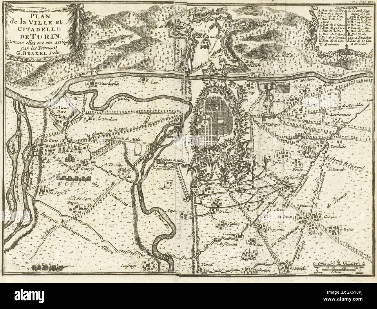Siège de Turin, 1706, Plan de la ville et Citadelle de Turin, comme elles de eté assigées par les François (titre sur objet), carte de Turin assiégée par les Français mais relevée par les Alliés le 7 septembre 1706. Illustration en traduction néerlandaise de 1716 par J. Lamigue, Het leven van Zyne Hoogheit Johan Willem Friso, vol. I, p. 212/213., imprimeur : Matthijs Pool, (éventuellement), après dessin par : Gillius Brakel, (mentionné sur l'objet), éditeur : Johannes van Oosterwyk, imprimeur : Northern Netherlands, éditeur : Amsterdam, 1714 - 1716, papier, gravure, hauteur, 147 mm × largeur, 200 mm Banque D'Images