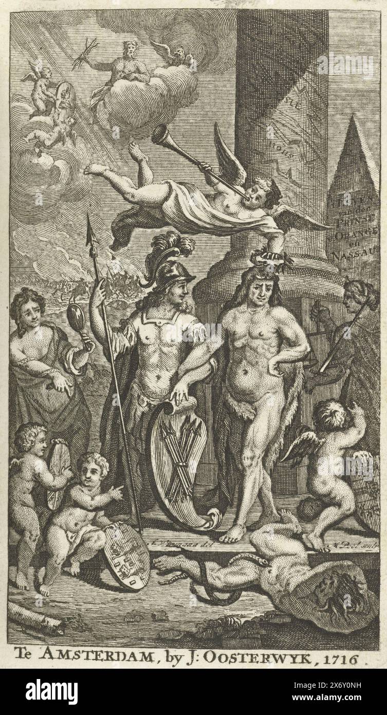 Page de titre gravée pour J. Lamigue : la vie de Zyne Hoogheit Johan Willem Friso, 1716, page de titre gravée avec une représentation allégorique d'Hercule loué par la renommée, avec Minerve, prudence et Justice. En arrière-plan une colonne, un obélisque et une scène de guerre. Illustration dans la traduction néerlandaise de 1716 de J. Lamigue, Het leven van Zyne Hoogheit Johan Willem Friso., estampe, imprimeur : Matthijs Pool, (mentionné sur l'objet), après dessin par : anonyme, (mentionné sur l'objet), éditeur : Johannes van Oosterwyk, (mentionné sur l'objet), imprimeur : pays-Bas du Nord, éditeur : Amsterdam, 1716 Banque D'Images