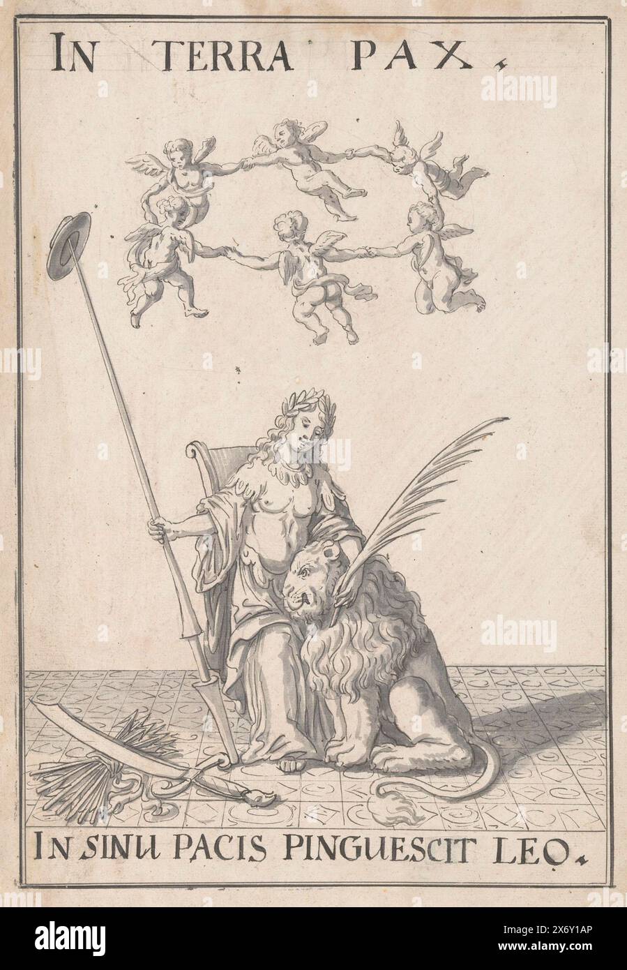 Emblème allégorique à la paix de Rijswijk, 1697, emblème avec une femme assise sur une chaise avec la lance dans sa main droite avec le chapeau de la liberté sur le dessus et une branche de palmier de la paix dans la main gauche. A ses pieds se trouve le lion hollandais ; sur le sol à gauche se trouvent une épée et le faisceau de flèches de la République. Six anges dans le ciel. Inscription : in Terra pax, in sinu pacis pinguescit leo. Conception d'une décoration pour la célébration de la paix de Rijswijk en 1697., dessin, dessinateur : anonyme, Nord des pays-Bas, 1697, papier, stylo, pinceau, hauteur, 295 mm × largeur, 205 mm Banque D'Images