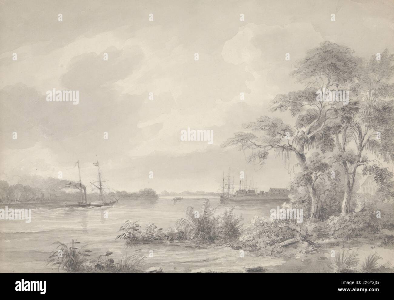 Fort Zeelandia vu en naviguant sur le fleuve Suriname, Fort Zeelandia vu en naviguant sur le fleuve Suriname. Plusieurs navires marchands amarrés sur le quai près du fort. Un bateau à aubes navigue sur la rivière. A droite un groupe d'arbres avec une maison au loin., dessin, dessinateur : Hendrik Huygens, Paramaribo, après 20-août-1849 - avant sept-1851, papier, hauteur, 27,8 cm × largeur, 39,1 cm Banque D'Images Fort Zeelandia vu en naviguant sur le fleuve Suriname, Fort Zeelandia vu en naviguant sur le fleuve Suriname. Plusieurs navires marchands amarrés sur le quai près du fort. Un bateau à aubes navigue sur la rivière. A droite un groupe d'arbres avec une maison au loin., dessin, dessinateur : Hendrik Huygens, Paramaribo, après 20-août-1849 - avant sept-1851, papier, hauteur, 27,8 cm × largeur, 39,1 cm Banque D'Images