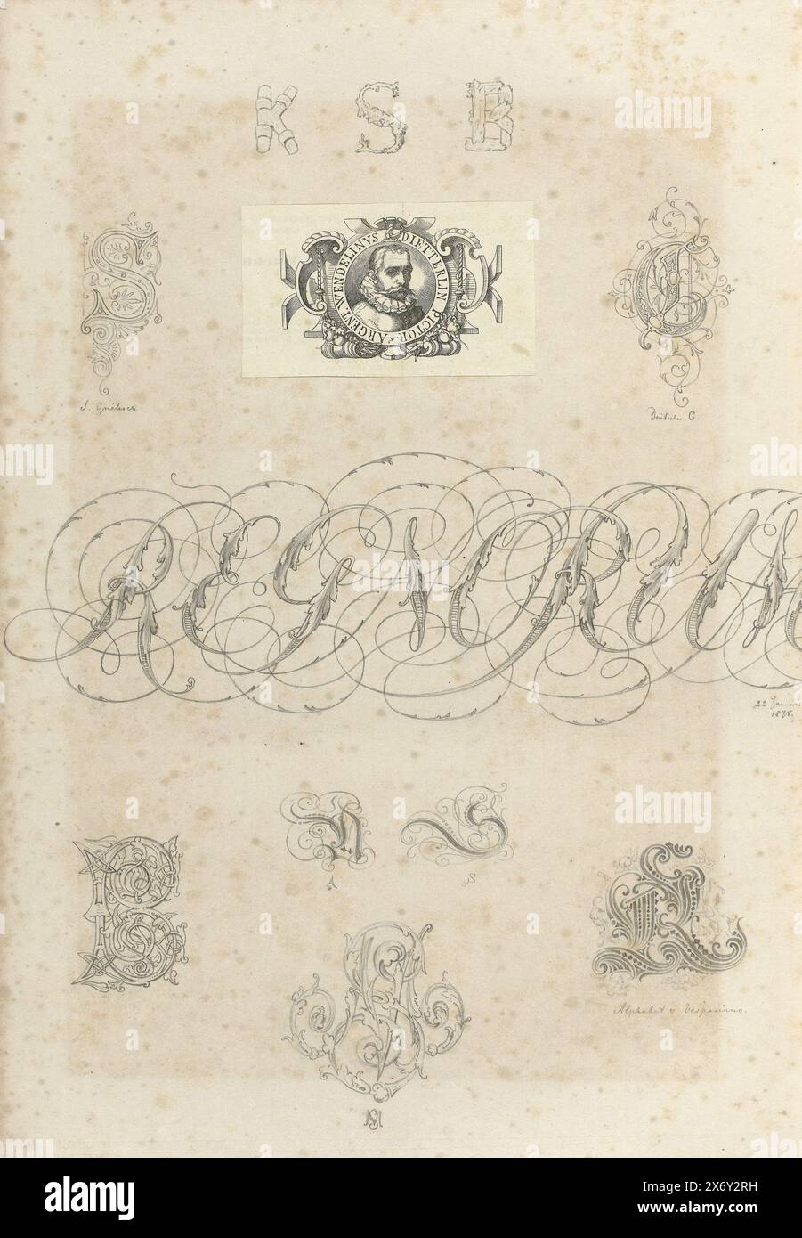 Lettres et portrait en cartouche, feuille avec un certain nombre de lettres entrelacées au milieu, entourées de dix lettres séparées. En haut au centre se trouve une impression d'un homme collé dans un cartouche, autour du portrait se trouve le texte : argent Wendelinvs Dietterlin Pictor., dessin, imprimeur : anonyme, dessinateur : anonyme, après conception par : anonyme, 22-Jan-1875, papier, dessin, gravure, hauteur, 417 mm × largeur, 278 mm Banque D'Images