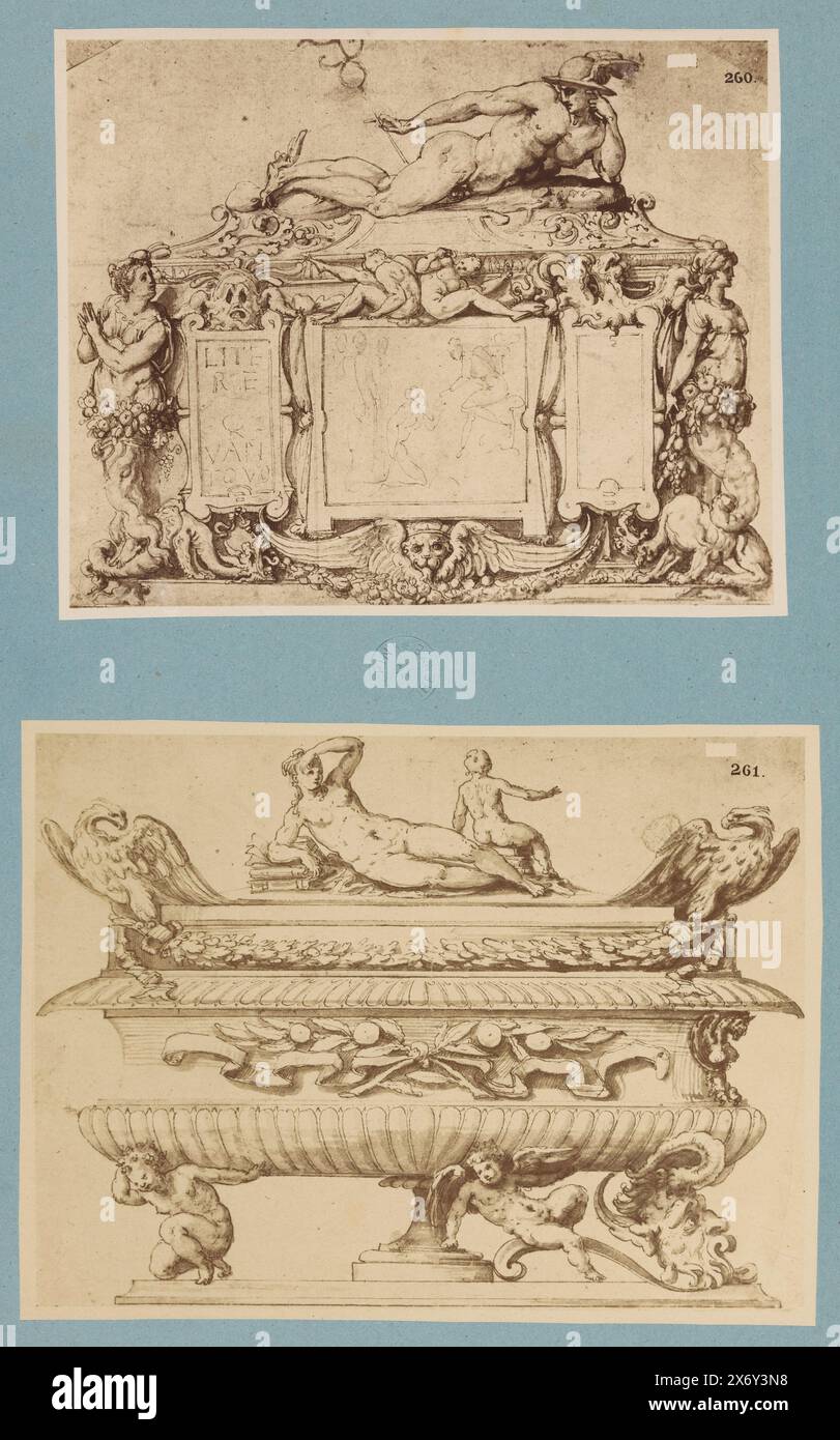 Deux reproductions photographiques de dessins probablement d'une tombe et d'un bol, ci-dessus (260) probablement une tombe décorée d'Hermès, ci-dessous (261) un bol avec couvercle décoré d'aigles et d'une couchée et une femme assise avec des livres., photographie, anonyme, après dessin par: anonyme, Europe, c. 1875 - c. 1900, carton, impression albumine, hauteur, 497 mm × largeur, 320 mm Banque D'Images