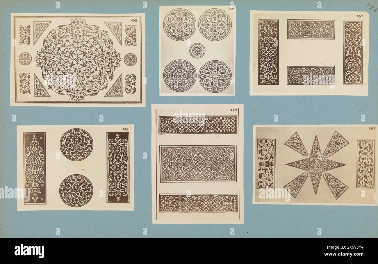 Six reproductions photographiques d'estampes ornementales, en haut à gauche (458) une impression d'un motif végétal abstrait, en bas à gauche (461) une impression de motifs abstraits en deux cercles et rectangles, en haut au centre (460) une impression de cinq cercles contenant des motifs abstraits, en bas au centre (462) une impression de trois rectangles avec des motifs de noeuds, en haut à droite (459) une impression de quatre rectangles contenant des motifs de noeuds, en bas à droite (463) une impression d'une forme d'étoile et de rectangles contenant des motifs végétaux., photographie, anonyme, après impression par : anonyme, Europe, c. 1875 - c. 1900, carton, impression albumine, hauteur, 318 mm × largeur, 500 Banque D'Images
