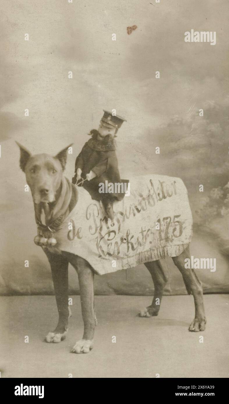 Chien avec texte publicitaire pour le Docteur de poupée avec poupée agent sur le dos, cette photo fait partie d'un album., photographie, anonyme, 1930 - 1940, support photographique, impression argentée gélatine, hauteur, 140 mm × largeur, 88 mm Banque D'Images