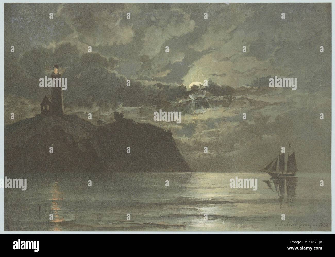 Paysage marin avec phare d'après une peinture de C. Frederick Sörensen, partie de l'album de voyage avec des photos et des dessins de Manuel Mayo 1876., impression, imprimeur : anonyme, après peinture de : Carl Frederik Sørensen, (mentionné sur l'objet), 1862 - 1876, papier, hauteur, 178 mm × largeur, 256 mm Banque D'Images