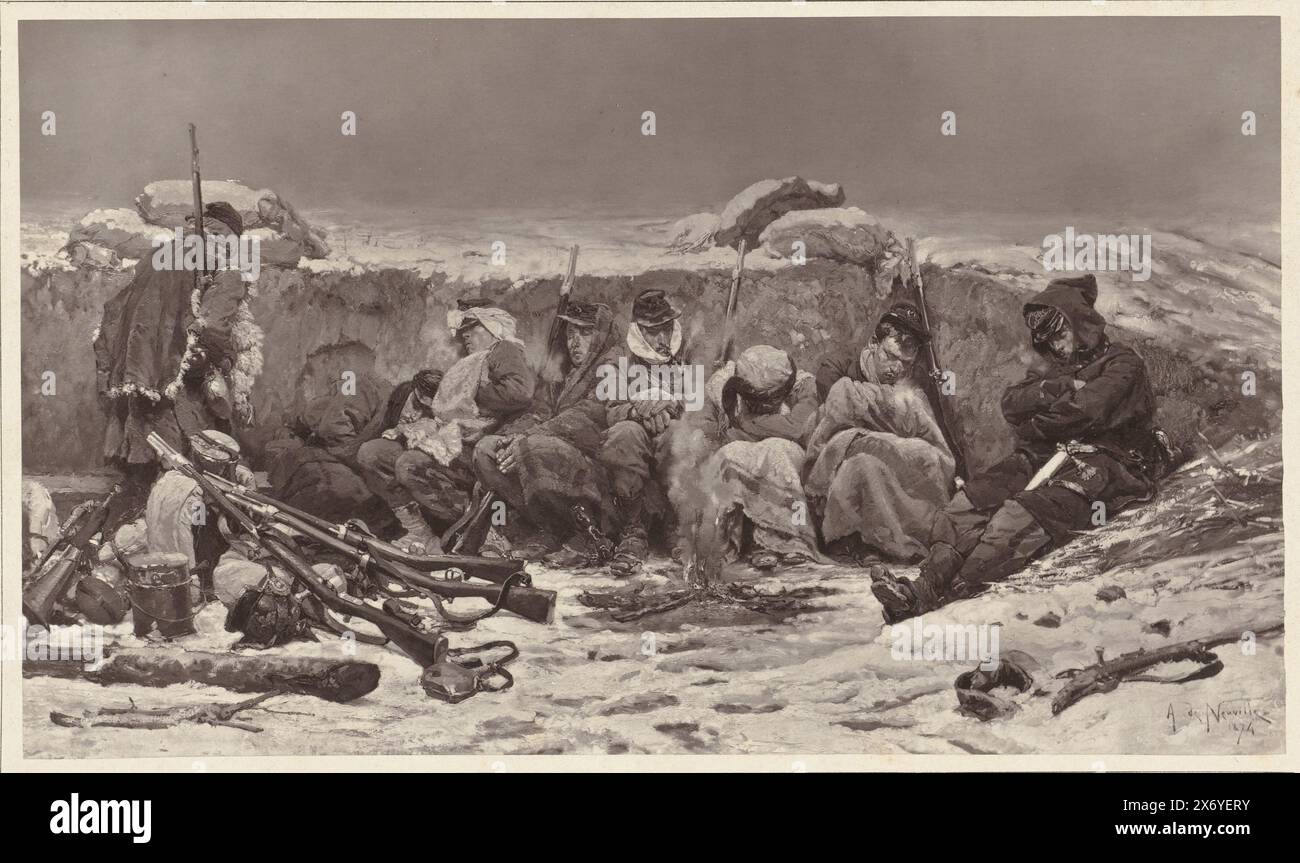 Reproduction du tableau 'une tranchée devant Paris' d'Alphonse de Neuville, Galerie contemporaine (titre de la série), le tableau montre des soldats dans une tranchée en face de Paris pendant la guerre franco-prussienne., tirage photomécanique, Goupil & Cie., (mentionné sur l'objet), anonyme, après peinture par : Alphonse de Neuville, (mentionné sur l'objet), Paris, 1874, papier, hauteur, 143 mm × largeur, 245 mm, hauteur, 264 mm × largeur, 347 mm Banque D'Images