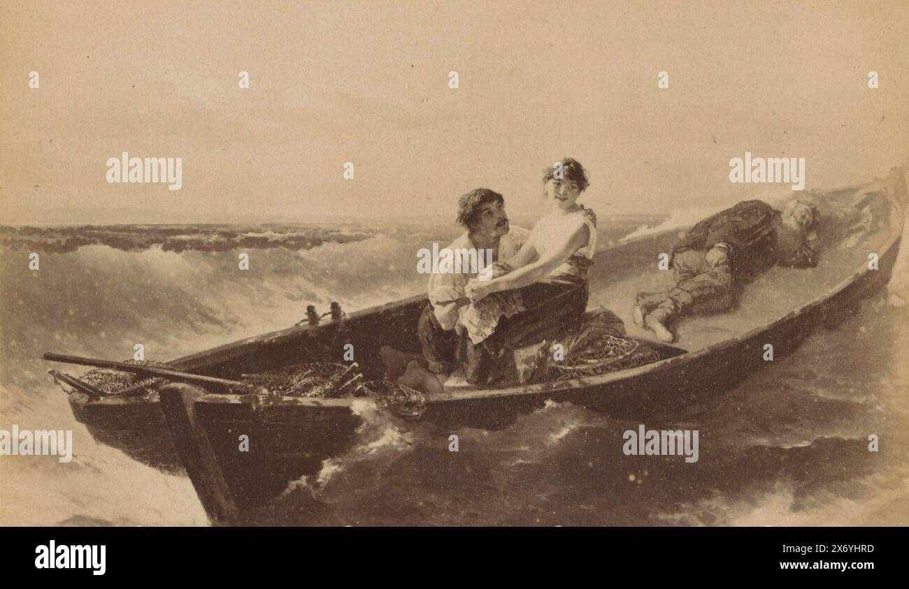 Reproduction photographique d'une peinture d'un homme et d'une femme et d'un homme endormi sur un bateau à rames en mer, des Meeres und der Liebe Wellen (titre sur l'objet), Gallerie Moderner Meister (titre de la série sur l'objet), photographie d'armoire, fabricant : anonyme, après peinture de : Wilhelm Kray, (mentionné sur l'objet), éditeur: Franz Hanfstaengl Kunstverlag A.-G., (mentionné sur l'objet), fabricant : Allemagne, éditeur : München, c. 1885 - c. 1910, carton, impression albumine, hauteur, 87 mm × largeur, 140 mm Banque D'Images