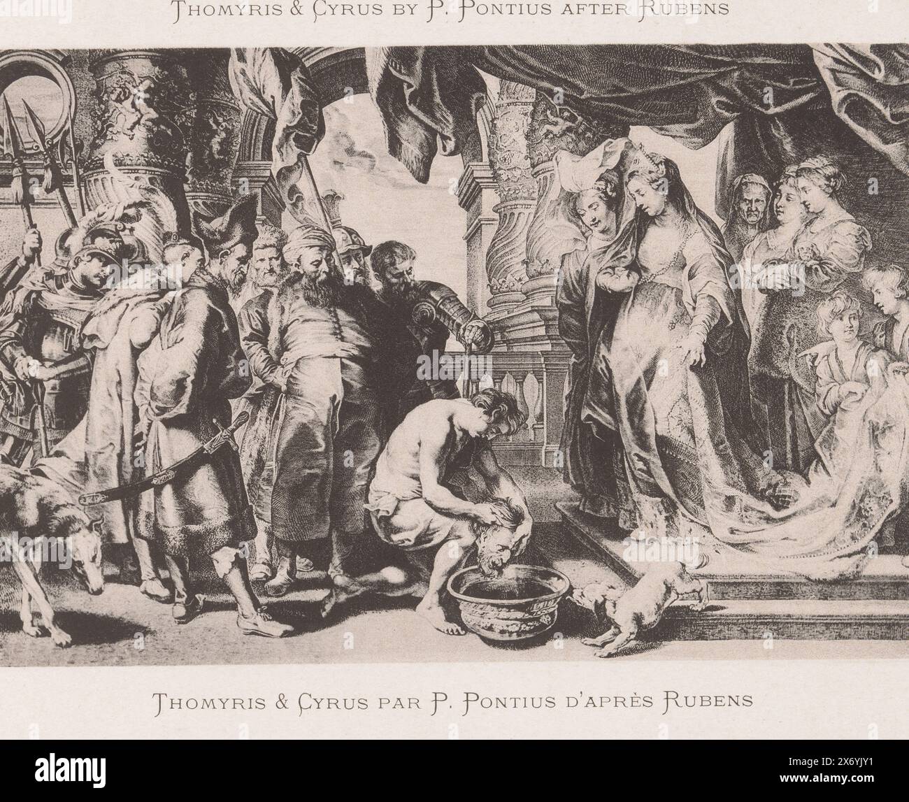Reproduction d'une estampe représentant la vengeance de Tomyris par Paulus Pontius, Thomyris & Cyrus par P. Pontius d'après Rubens (titre sur l'objet), Thomyris & Cyrus par P. Pontius d'après Rubens (titre sur l'objet), estampe photomécanique, fabricant : anonyme, après dessin par : Paulus Pontius, après dessin par: Peter Paul Rubens, (mentionné sur l'objet), c. 1892 - avant 1897, papier, collotype, hauteur, 117 mm × largeur, 179 mm Banque D'Images
