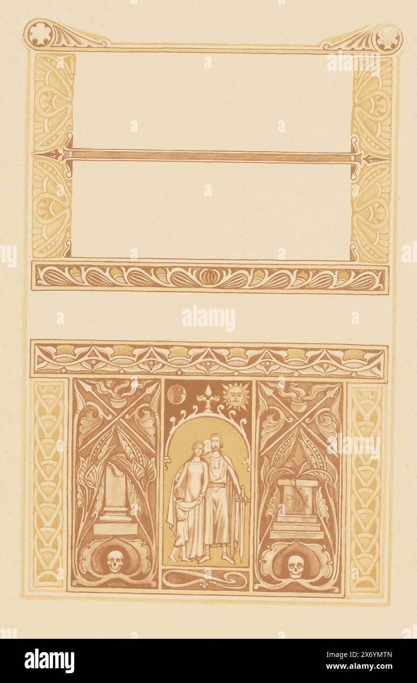 Gijsbrecht, Badeloch et enfant, Une bande horizontale décorative contenant l'image de Gijsbrecht, Badeloch et enfant. À leur gauche une colonne brisée avec un crâne en dessous, à leur droite un autel endommagé avec un crâne en dessous. Au-dessus de la bande trois autres bandes décoratives. Espace pour le texte entre les bandes., imprimeur, imprimeur : Antoon Derkinderen, imprimeur : Tresling & Comp., éditeur : Erven F. Bohn, 1894 - 1901, papier, hauteur, 414 mm × largeur, 295 mm Banque D'Images
