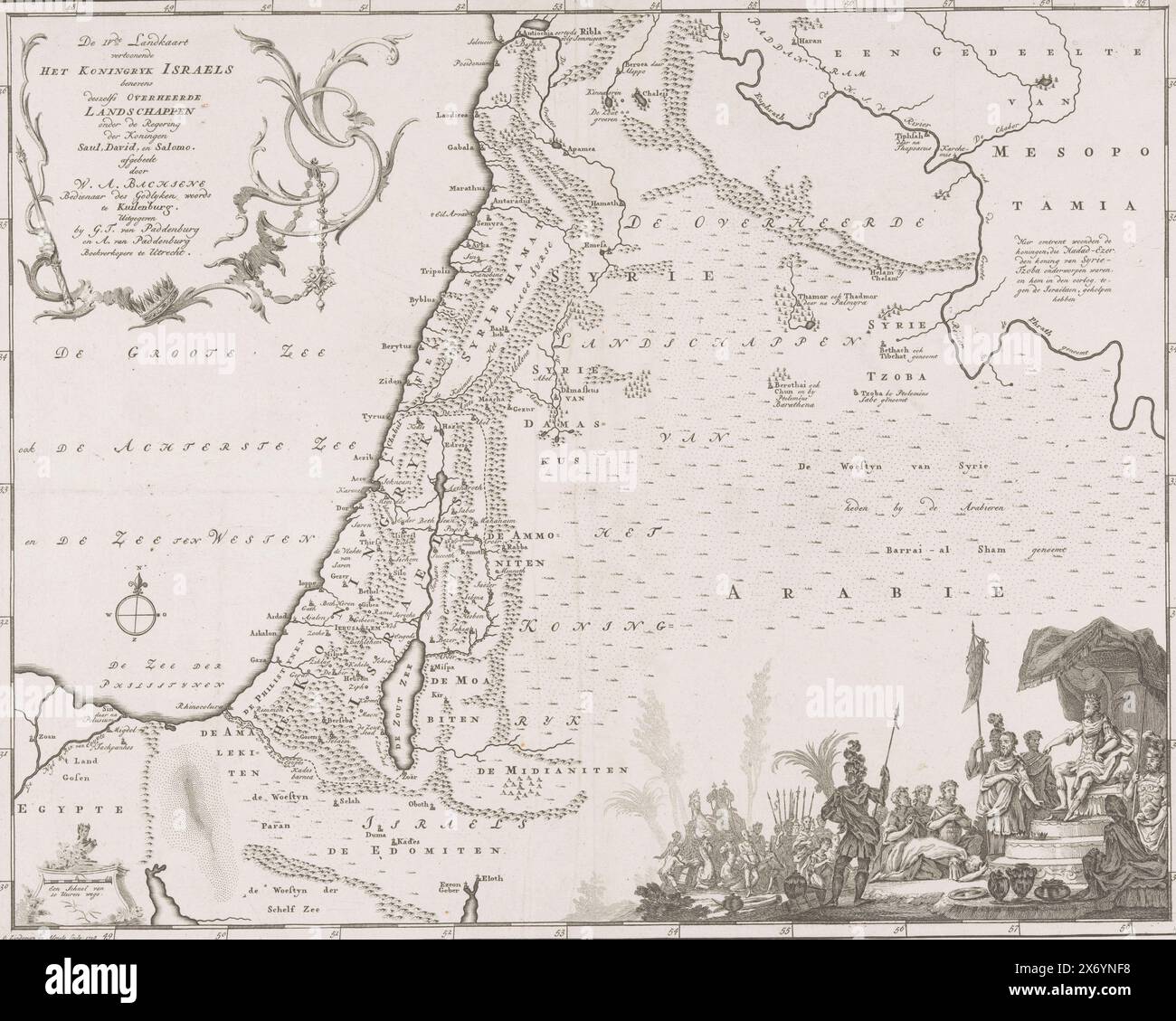 Carte du Royaume d'Israël, 1758, la IVe carte montrant le Royaume d'Israël sous sa domination paysages sous le règne des rois Saul, David et Salomon (titre sur objet), carte du Royaume d'Israël, le Royaume qui a vu le jour quand Saul est devenu roi du peuple d'Israël a été oint. En bas à droite, Saul intronisé, entouré de serviteurs., imprimeur, imprimeur : Otto Lindeman, (mentionné sur l'objet), Wilhelm Albert Bachiene, (mentionné sur l'objet), éditeur : Abraham van Paddenburg, (mentionné sur l'objet), imprimeur : Almelo, Culemborg, éditeur : Utrecht, Editeur : Utrecht Banque D'Images