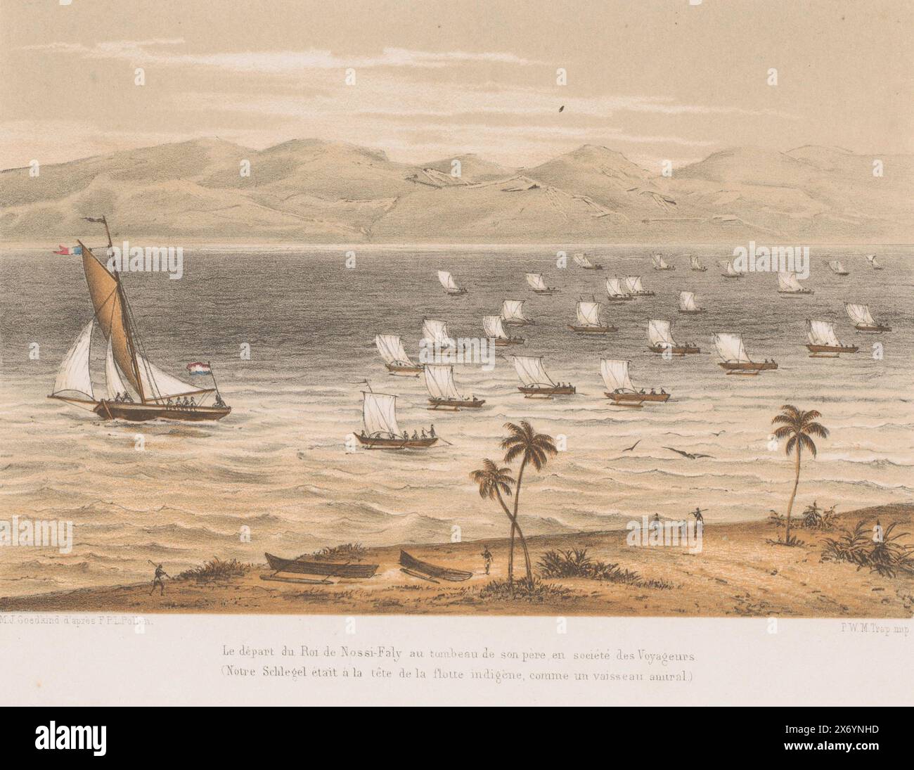 Départ du roi de Nossi-Faly pour les funérailles de son père, le départ du roi de Nossi-Faly au tombeau de son père en société des voyageurs (...) (titre sur objet), voyage de François P.L. pollen à Madagascar (titre de la série), F.P.L. pollen R. s. L. faune d. Madagascar (titre de la série sur objet), Une flotte part de la plage. À la tête se trouve un navire, le Schlegel, avec pavillon néerlandais, suivi d'un grand nombre de petits bateaux., imprimeur, imprimeur : Marcus Jacob Goedkind, (mentionné sur l'objet), d'après conception par : François P.L. pollen, (mentionné sur l'objet), imprimeur : Pieter Willem Marinus Banque D'Images