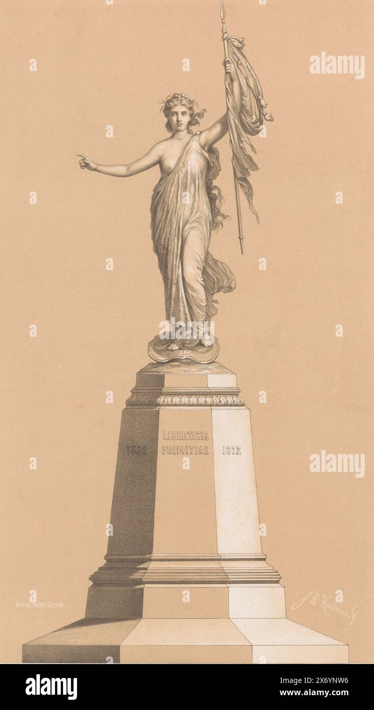 Monument à la libération de Den Briel, Monument de Nymph, avec sa main droite la femme pointe en direction de la Meuse d'où les mendiants de l'eau ont apporté la liberté. Elle a un drapeau dans la main gauche. L'année 1852 commémore la libération de Den Briel. La première pierre du monument a été posée en 1872., imprimeur, imprimeur : Johan Philip Koelman, (mentionné sur l'objet), imprimeur : Koninklijke Nederlandsche Steendrukkerij, (mentionné sur l'objet), pays-Bas, 1872, papier, hauteur, 480 mm × largeur, 345 mm Banque D'Images