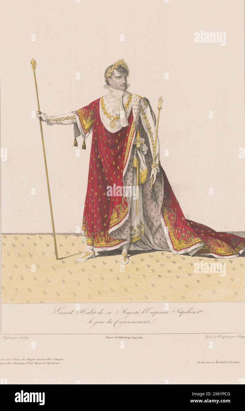 Portrait de Napoléon I Bonaparte, Grand habit de sa Majesté l'Empereur Napoléon 1er le jour du couronnement (titre sur l'objet), estampe, imprimeur : Jean Louis Charles Pauquet, (mentionné sur l'objet), après dessin par : Jean Baptiste Isabey, (mentionné sur l'objet), éditeur: Jean Louis Charles Pauquet, (mentionné sur l'objet), Paris, 1804 - 1824, papier, gravure, hauteur, 382 mm × largeur, 275 mm Banque D'Images