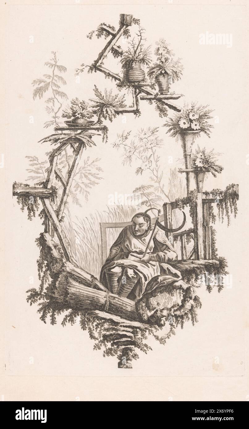 Homme avec faux, douze mois (titre de la série), Un homme assis avec une faux dans les mains. Autour de la scène se trouve un cadre de faisceaux d'oreilles et un cadre en bois avec des vases., estampe, imprimeur : Pierre Charles canot, après conception par : Jean Baptiste pilier, éditeur : anonyme, éditeur : Londres, éditeur : Paris, 1-Mar-1759, papier, gravure, hauteur, 423 mm × largeur, 273 mm Banque D'Images