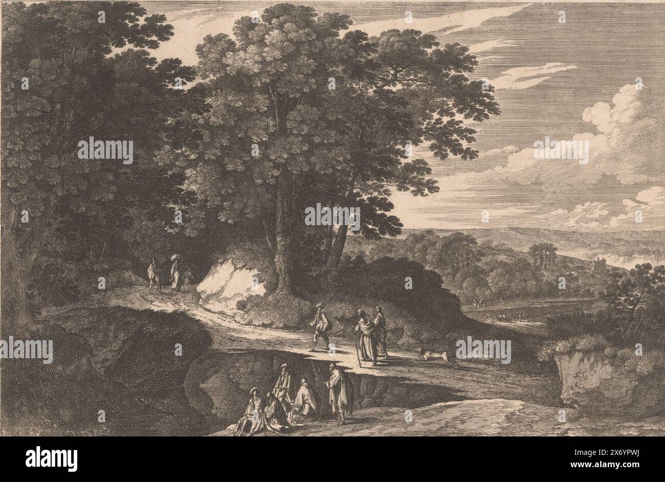 Paysage avec un groupe de figures assises, estampe, imprimeur : Nicolas Perelle, (mentionné sur l'objet), imprimeur : Adam Perelle, (mentionné sur l'objet), imprimeur : Gabriel Perelle, (mentionné sur l'objet), éditeur : Paris, France, 1636 - 1695, papier, gravure, gravure, hauteur, 243 mm × largeur, 355 mm Banque D'Images