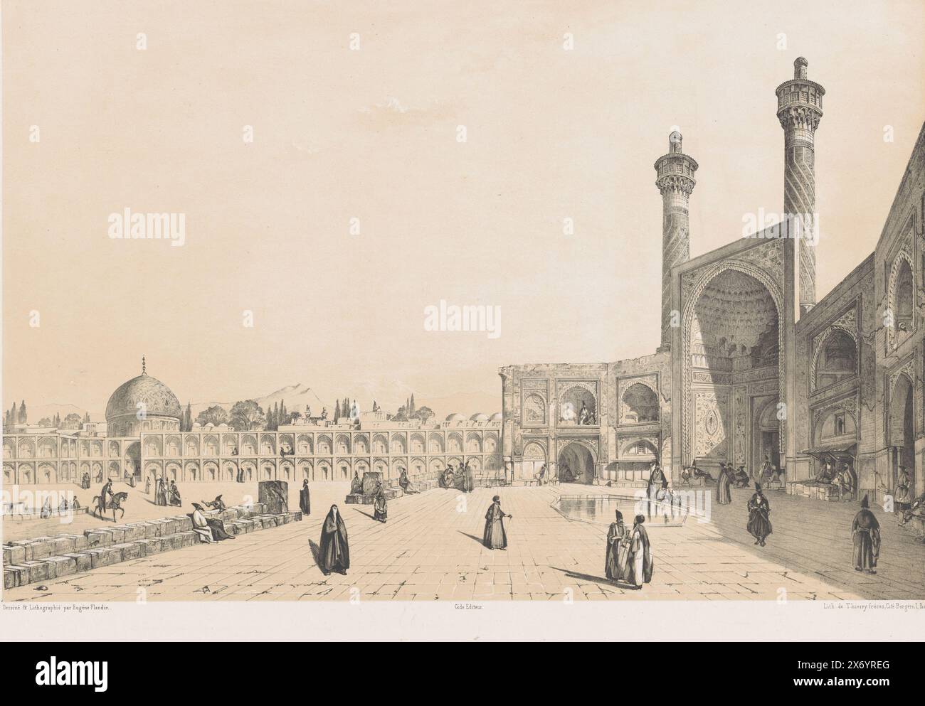 Entrée de la mosquée Jameh d'Ispahan, entrée de la grande mosquée Ispahan (titre sur objet), paysages persans (titre de la série), Perse Modern (titre de la série), vue de l'iwan sud de la mosquée Masjed-e Jamé. Au-dessus de l'image à gauche se trouve le titre de la série, au-dessus de la droite le numéro de plaque 'PL. LV'., imprimerie, imprimeur : Eugène Flandin, (mentionné sur l'objet), d'après son propre dessin par : Eugène Flandin, (mentionné sur l'objet), imprimeur : Thierry frères, (mentionné sur l'objet), Paris, 1843 - 1854, papier, hauteur, 432 mm × largeur, 516 mm Banque D'Images