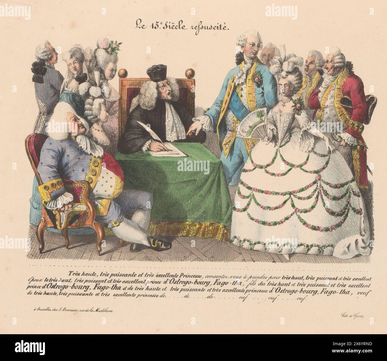 Le Ve siècle ressuscite, le 15e siècle ressuscité (titre sur objet), satire sur la cérémonie de mariage entre un vieil homme gras et une jeune femme pour un registraire qui tente de noter leurs noms et titres longs. En arrière-plan plusieurs dames et messieurs aristocratiques., imprimeur : anonyme, imprimeur : Genty, (mentionné sur l'objet), éditeur : J. Bonneau, (mentionné sur l'objet), imprimeur : France, éditeur : Bruxelles, 1820 - 1830, papier, hauteur, 283 mm × largeur, 388 mm Banque D'Images