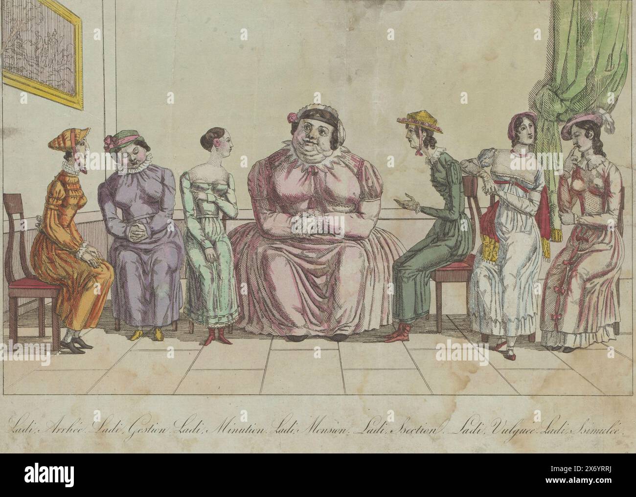 Compagnie de dames anglaises, Réunion des Dames anglaises (titre sur objet), Groupe de dames anglaises, dames, assises sur des chaises. Caricature de différents types anglais., imprimeur : anonyme, éditeur : Paul-André Basset, (mentionné sur l'objet), imprimeur : France, Editeur : Paris, mars-1815, papier, gravure, hauteur, 244 mm × largeur, 323 mm Banque D'Images