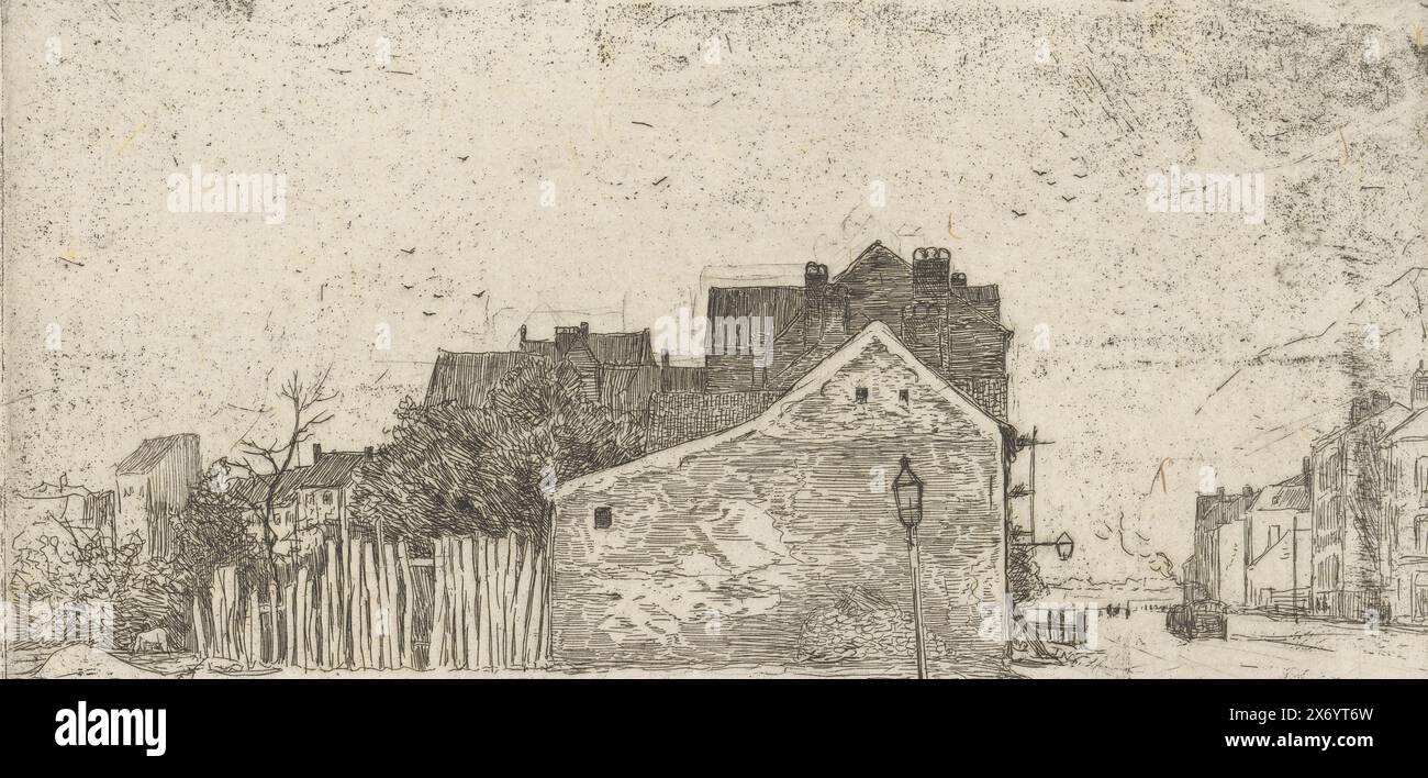 Trois vues de maisons et bâtiments à Bruxelles ou à proximité, chaussée de Waterloo, vieilles maisons sur un talus, croquis d'horizon (titre original), estampe, imprimeur : Philip Zilcken, (signé par l'artiste), 1890 - 1930, papier, gravure, pointe sèche, hauteur, 300 mm × largeur, 197 mm Banque D'Images