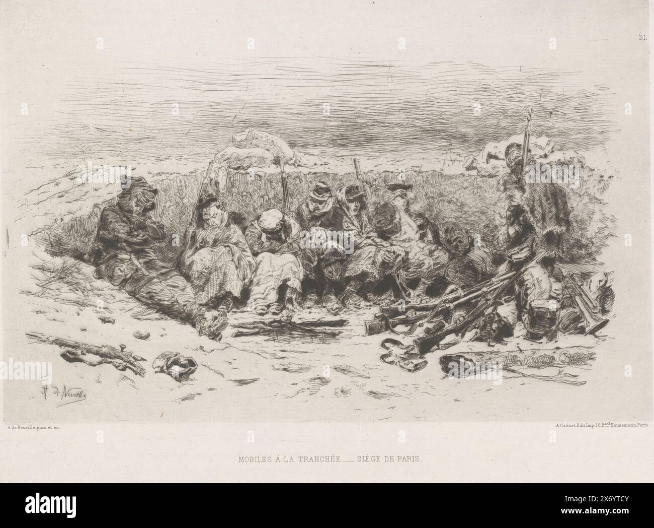 Soldiers in a tranch, mobiles à la tranchée, Siège de Paris (titre sur objet), eaux-fortes françaises de 1875 (titre de la série), L'eau-forte en 1875 (titre de la série), estampe, imprimeur : Alphonse de Neuville, (mentionné sur objet), d'après son propre dessin par : Alphonse de Neuville, (mentionné sur objet), éditeur: Alfred Cadart, (mentionné sur l'objet), Paris, 1875, papier, gravure, point sec, hauteur, 240 mm × largeur, 317 mm Banque D'Images
