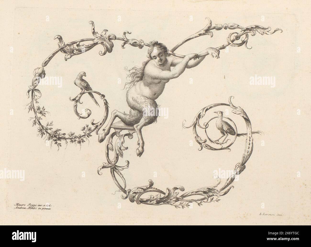 Lettre ornementale U, alphabet ornemental (titre de la série), Alfabeto di lettere inizial (...) (titre de la série), lettre ornementale U, décorée de deux oiseaux et d'une femelle satyre. Impression fait partie d'un album., impression, imprimeur : Lorenzo Lorenzi, (mentionné sur l'objet), après dessin par : Mauro Poggi, (mentionné sur l'objet), après dessin par : Andrea Bimbi, (mentionné sur l'objet), Italie, 1745 - 1765, papier, gravure, gravure, hauteur, 230 mm × largeur, 314 mm Banque D'Images