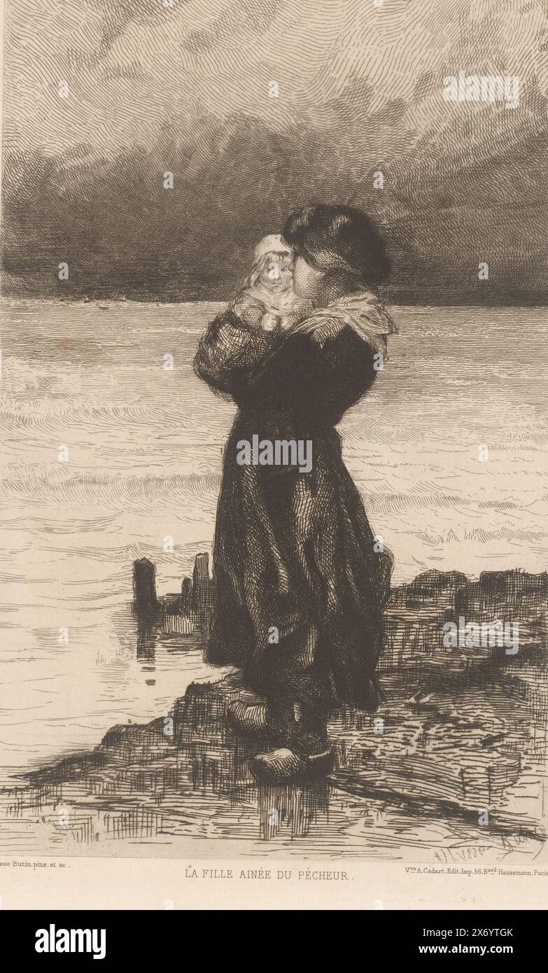 Jeune femme avec enfant dans le bras, la fille ainée du pécheur (titre sur objet), eaux-fortes françaises de 1881 (titre de la série), L'eau-forte en 1881 (titre de la série), estampe, imprimeur : Ulysse butin, (mentionné sur objet), d'après son propre design : Ulysse butin, (mentionné sur objet), éditeur: weduwe Alfred Cadart, (mentionné sur l'objet), Paris, 1881, papier, gravure, point sec, hauteur, 282 mm × largeur, 201 mm Banque D'Images