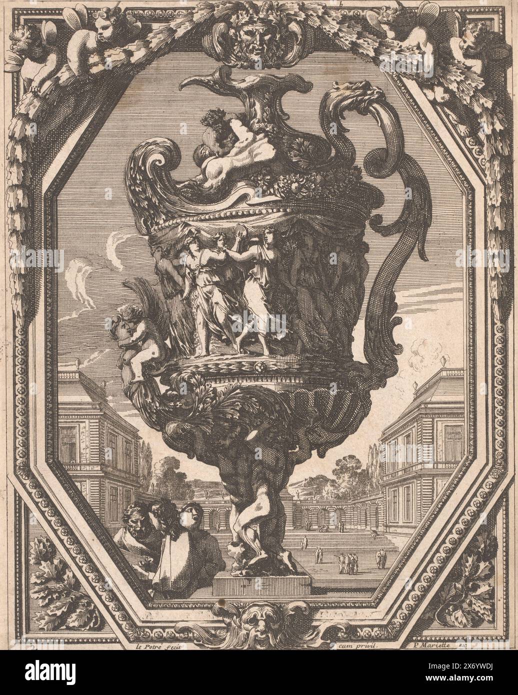 Cruche avec des femmes dansantes, de grandes cruches (titre de la série), une cruche ornementée avec une frise avec des femmes danseuses et musicales. Le pied est formé par deux hommes portant la cruche. La cruche est placée dans un cadre ornemental avec putti. Numéroté en haut au centre b., estampe, imprimeur : Jean Lepautre, (mentionné sur l'objet), d'après sa propre conception par : Jean Lepautre, éditeur : Pierre Mariette (II), (mentionné sur l'objet), Paris, dans ou après 1664 - 1716, papier, gravure, hauteur, 275 mm × largeur, 217 mm Banque D'Images