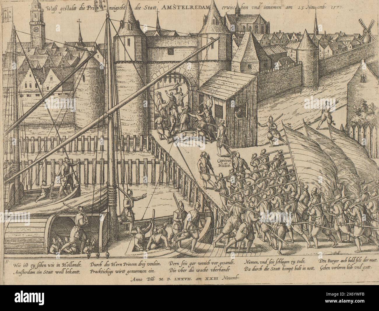 Tentative de prendre Amsterdam, 1577, Waß gestaltt die Prinsigsche[n] die Statt Amstelredam erwischen und innemen am 23. Novembre. 1577 (titre sur objet), série 8 : événements hollandais, 1577-1583 (titre de la série), tentative de l'armée néerlandaise sous le commandement de Helling et Ruychaver de prendre Amsterdam, le 23 novembre 1577. Les soldats sortent des navires du Haarlemmerpoort. Avec 12 lignes de légende en allemand. Numéroté : 11. L'estampe fait partie d'un album., estampe, imprimeur : Frans Hogenberg, Cologne, 1577 - 1579, papier, gravure, hauteur, 213 mm × largeur, 283 mm Banque D'Images