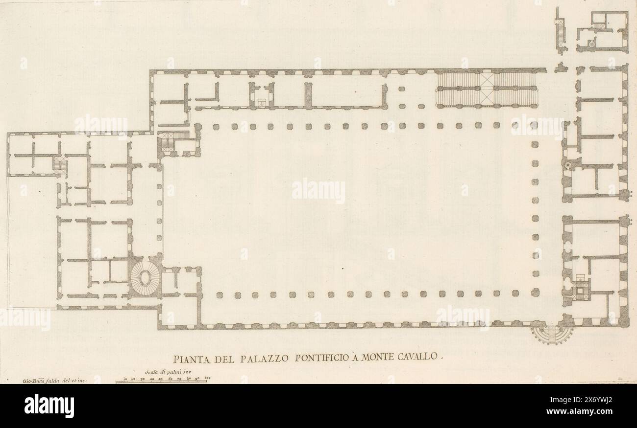 Carte de Palazzo del Quirinale, Pianta del Palazzo Pontificia a Monte Cavallo (titre sur l'objet), palais romains (titre de la série), Palazzi di Roma (titre de la série), Palazzi di Roma dei più celei architett (...) (titre de la série), Print fait partie d'un album., print, print Maker: Giovanni Battista Falda, (mentionné sur l'objet), après dessin par : Giovanni Battista Falda, (mentionné sur l'objet), éditeur : Giovanni Giacomo de'Rossi, imprimeur : Italie, après dessin par : Italie, éditeur : Rome, Rome, Italie, dans ou après 1655, papier, gravure, hauteur, 254 mm × largeur, 420 mm Banque D'Images