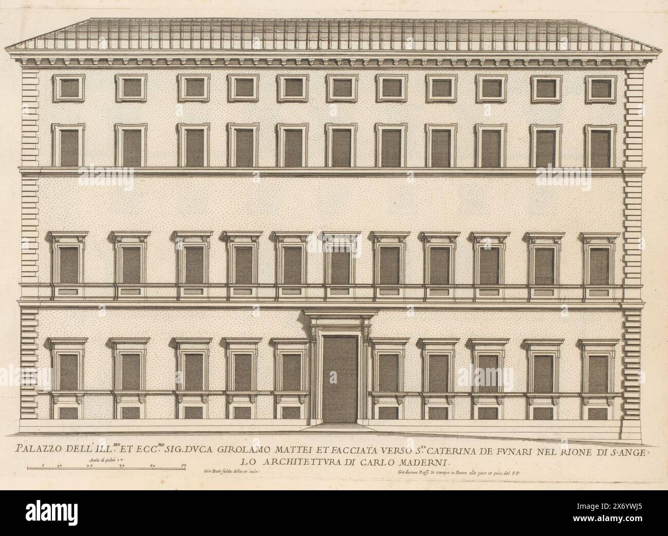 Façade du palais du duc Mattei, Palazzo dell' ill.Mo et ecc.Mo sig. duca Girolamo Mattei et facciata verso s.ta Caterina de Funar (...) (titre sur objet), Roman Palace (titre de la série), Palazzi di Roma (titre de la série), Palazzi di Roma dei più celei architett (...) (titre de la série), Print fait partie d'un album., print, print Maker: Giovanni Battista Falda, (mentionné sur l'objet), après dessin par : Giovanni Battista Falda, (mentionné sur l'objet), après dessin par : Carlo Maderno, (mentionné sur l'objet), imprimeur : Italie, après dessin par : Italie, après dessin par : Rome, éditeur : Rome, Vaticaanstad Banque D'Images