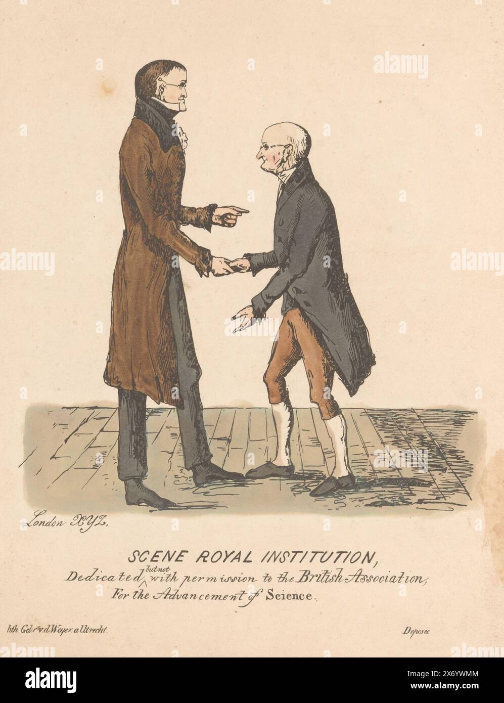 Caricature of Professor Gerrit Moll, vers 1835, Scene Royal institution, dédié (mais pas avec) la permission de la British Association, for the Advancement of Science (titre sur objet), Cartoon with the Dutch Professor Gerrit Moll, 1835 (?). Le professeur de l'Université d'Utrecht était très respecté en Grande-Bretagne. Deux hommes se serrent la main., impression, imprimeur : Gebroeders van de Weijer, (mentionné sur l'objet), Utrecht, 1830 - 1840, papier, hauteur, 343 mm × largeur, 256 mm Banque D'Images