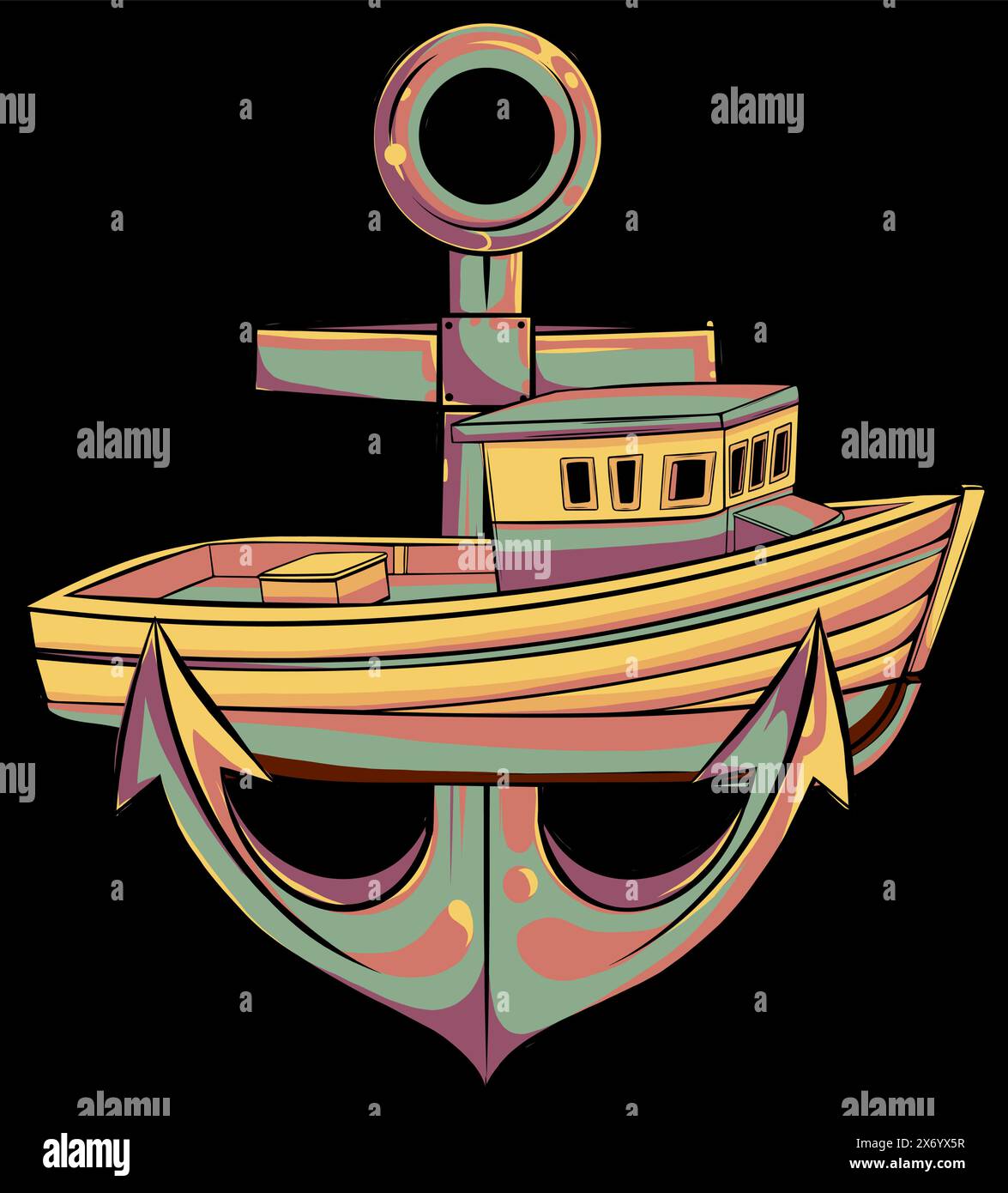 illustration vectorielle de bateau de pêche avec ancre sur fond noir Illustration de Vecteur