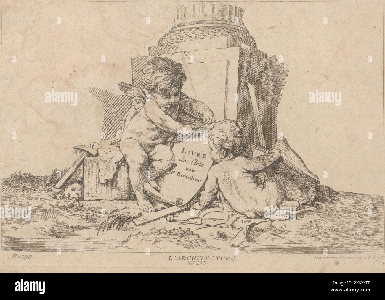 Architecture, L'architecture (titre sur objet), Livre des Arts (titre de la série sur objet), allégorie de l'architecture. Deux putti sont assis avec des attributs associés à l'architecture, tels qu'une boussole, un carré et un marteau, à côté d'une colonne en ruine. Numéro d'édition 190., imprimerie, imprimeur : Georg Leopold Hertel, (mentionné sur l'objet), après conception par : François Boucher, (mentionné sur l'objet), éditeur : Johann Georg Hertel (I), (mentionné sur l'objet), Augsbourg, 1750 - 1778, papier, gravure, gravure, hauteur, 207 mm × largeur, 303 mm Banque D'Images