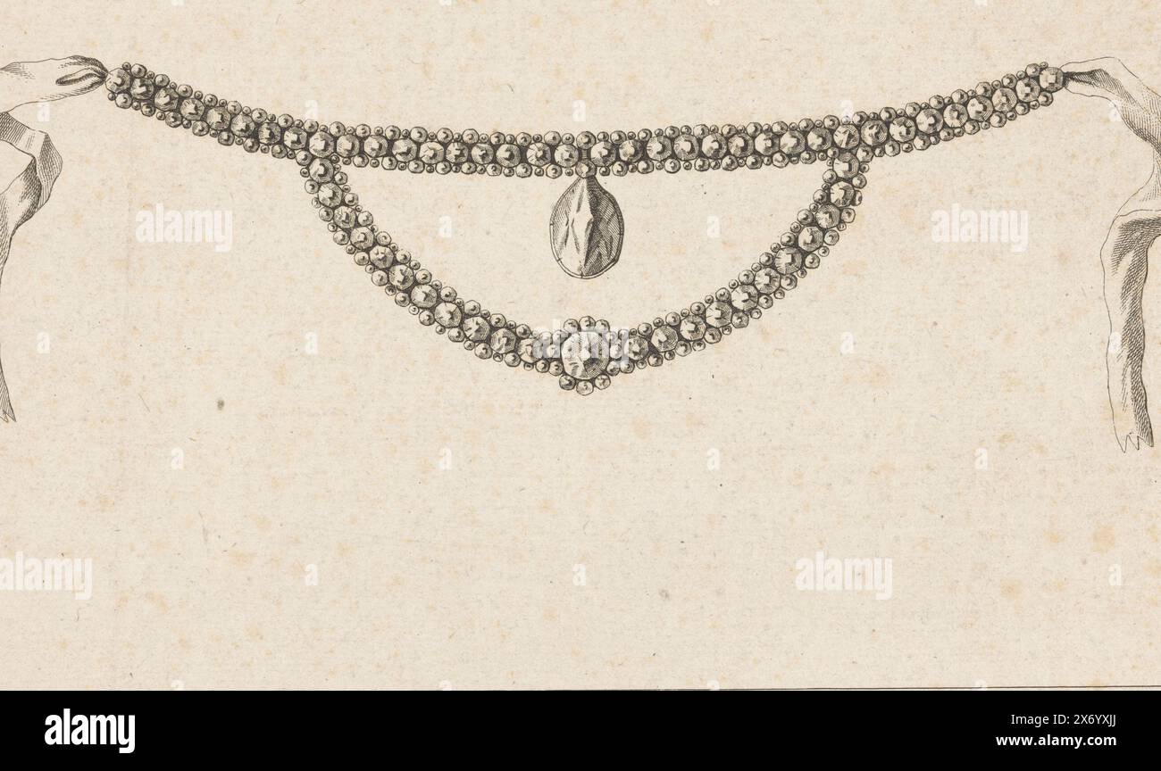 Dessin pour un collier, Colier, ou rivière de diamants (titre sur objet), Un collier composé de nombreux diamants avec des rubans comme fermeture., impression, imprimeur : anonyme, Paris, (éventuellement), c. 1768, papier, gravure, hauteur, 219 mm × largeur, 283 mm Banque D'Images