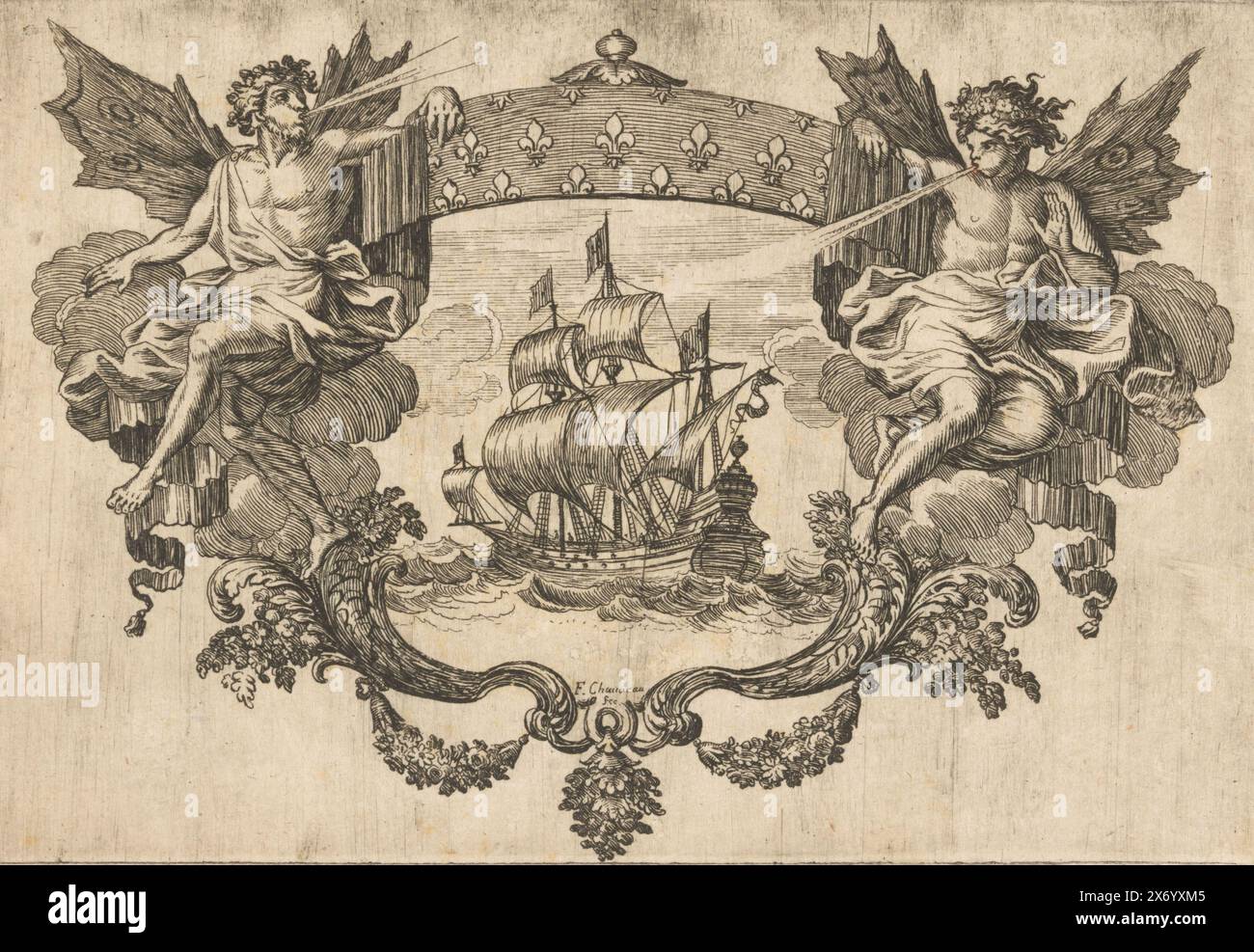 Vignette avec voilier, voilier dans un cartouche élégant flanqué de deux personnages ailés assis soufflant le vent et tenant une banderole avec le lis français dessus., impression, imprimeur: François Chauveau, (mentionné sur l'objet), Paris, c. 1623 - c. 1676, papier, gravure, hauteur, 105 mm × largeur, 155 mm Banque D'Images