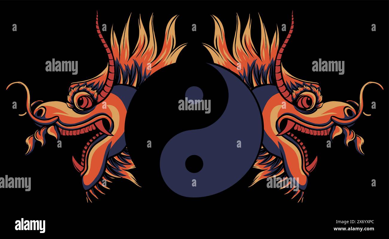 Yin Yang et la tête du dragon chinois sur l'illustration vectorielle de fond noir Illustration de Vecteur