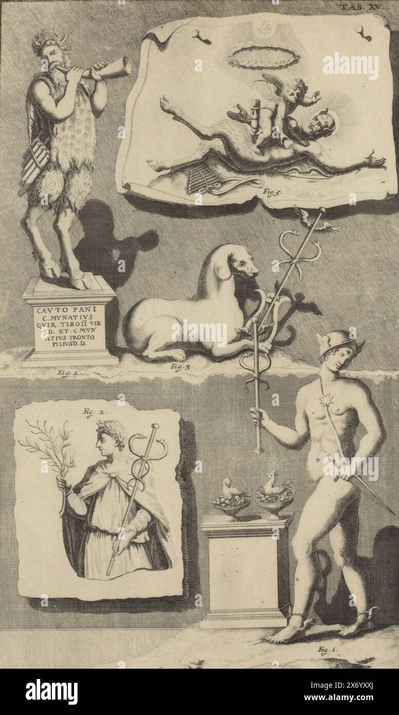 Composition avec des dessins et sculptures de Pan et Mercurius, les objets sont numérotés de la Fig. 1 à Fig. 5. L'ensemble est numéroté en haut à droite : TAB. XV., print, imprimeur : anonyme, 1700 - 1799, papier, gravure, gravure, hauteur, 344 mm × largeur, 208 mm Banque D'Images