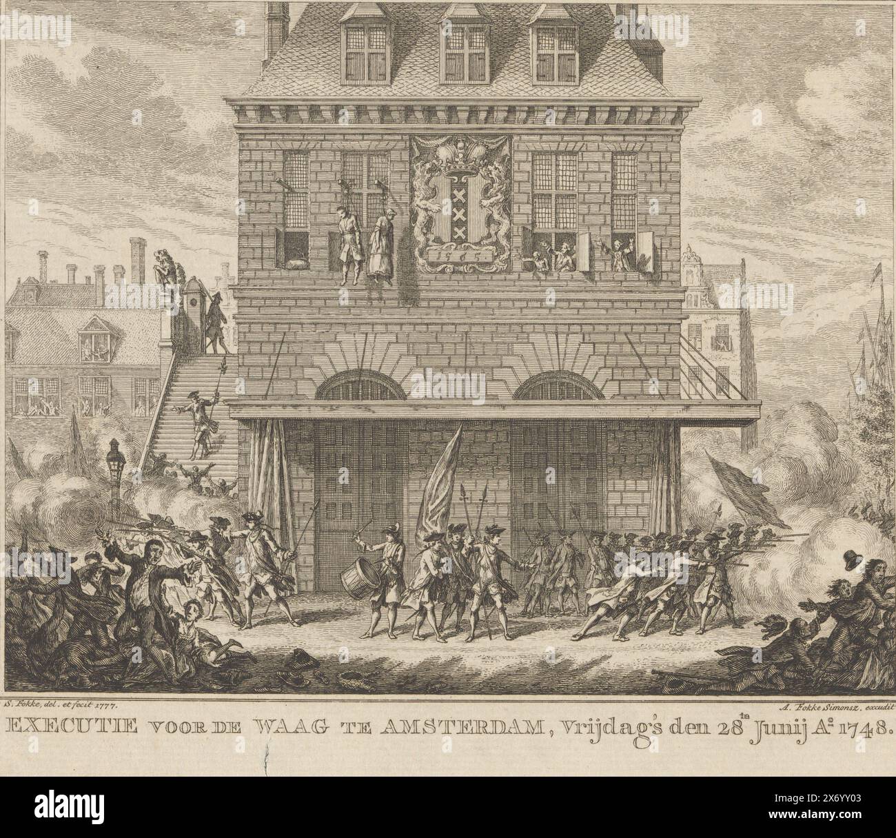 Troubles lors de la pendaison d'un homme et d'une femme au Waag à Amsterdam, exécution devant le Waag à Amsterdam, vendredi 28 juin 1748 (titre sur objet), Piet van dort, qui s'appelait le maire des pillards, et le vendeur de citron et de plie séchée Mat van den Nieuwendijk a été pendu au Waag à Amsterdam. Tous deux ont participé à l'émeute de Pachter. La milice ouvre le feu sur les spectateurs., imprimerie, imprimeur : Simon Fokke, (mentionné sur l'objet), d'après son propre dessin par : Simon Fokke, (mentionné sur l'objet), éditeur : Arend Fokke Simonsz., (mentionné sur l'objet), 1777, papier Banque D'Images