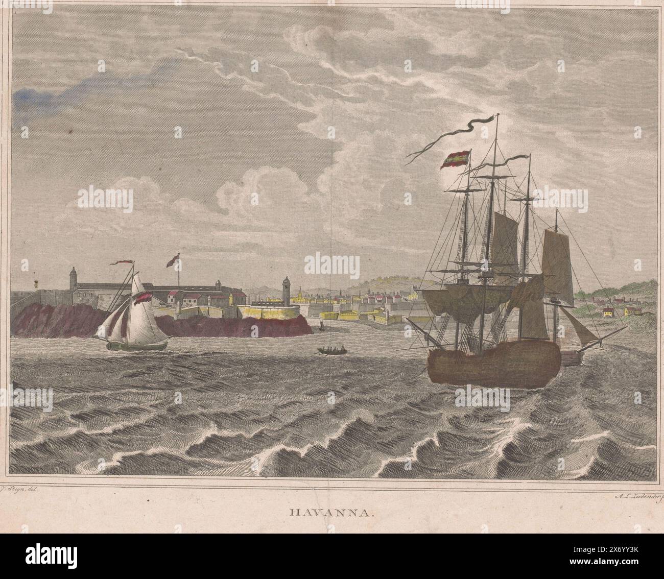 Vue de la ville de la Havane, la Havane (titre sur l'objet), vue de la ville de la Havane vue de l'autre côté de l'eau. Au premier plan navires dans l'eau. En haut, il est écrit : '1839, Nederlandsch Museum, pl. 4'., estampe, imprimeur : Abraham Lion Zeelander, (mentionné sur l'objet), après dessin par : J. Steyn, (mentionné sur l'objet), 1839, papier, gravure, hauteur, 275 mm, largeur, 327 mm Banque D'Images