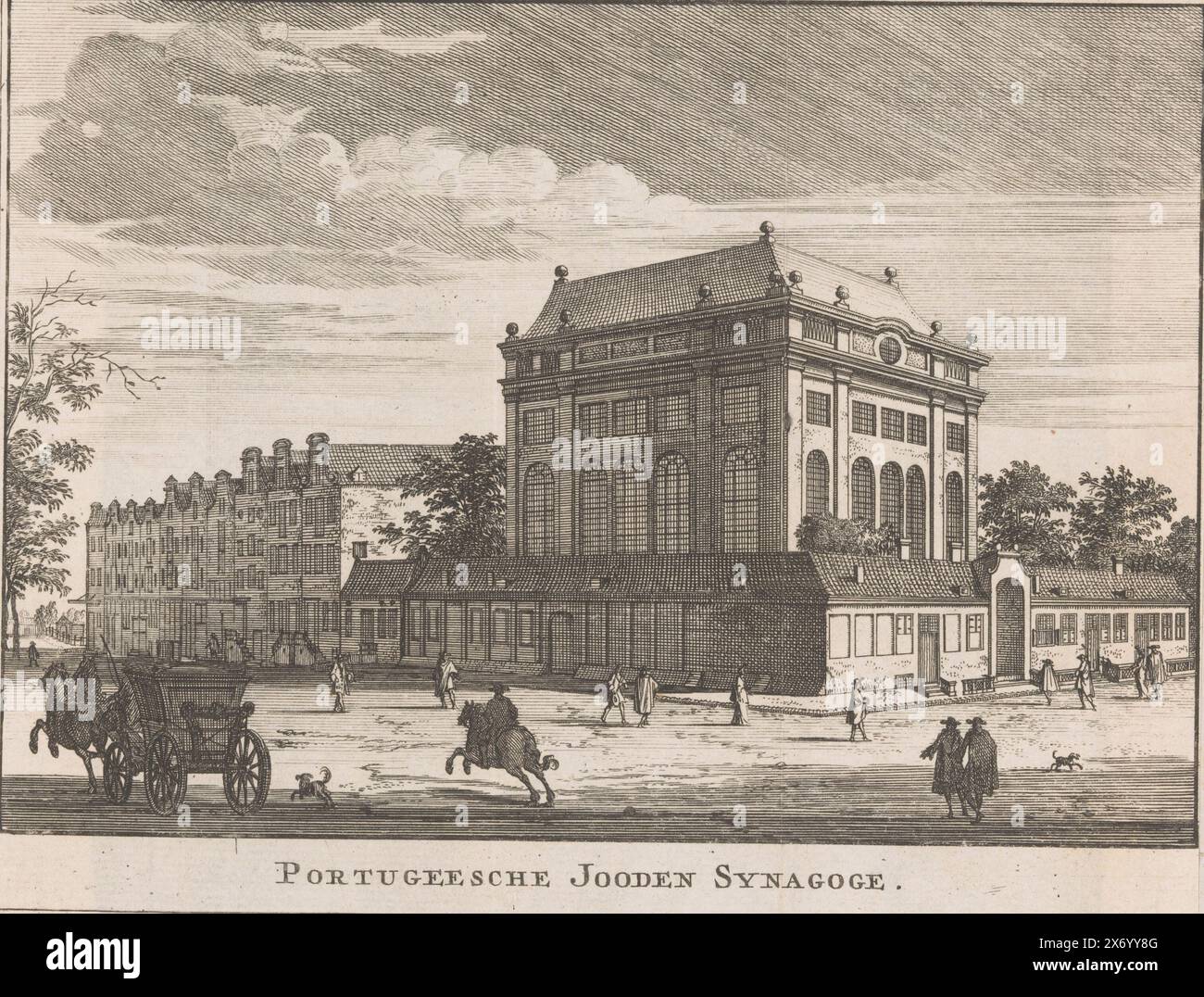 Vue de la synagogue portugaise à Amsterdam, Synagogue juive portugaise (titre sur objet), vue de la synagogue portugaise à Amsterdam, avec la Rapenburgerstraat à gauche et le Deventer Houtmarkt (l'actuel Jonas Daniël Meijerplein) à droite. Différentes figures dans la rue., imprimé, imprimeur : anonyme, éditeur : Nicolaas TEN Hoorn, (possiblement), éditeur : Erven J. Ratelband & Co, (possiblement), Amsterdam, 1713 - 1751, papier, gravure, hauteur, 150 mm × largeur, 195 mm Banque D'Images