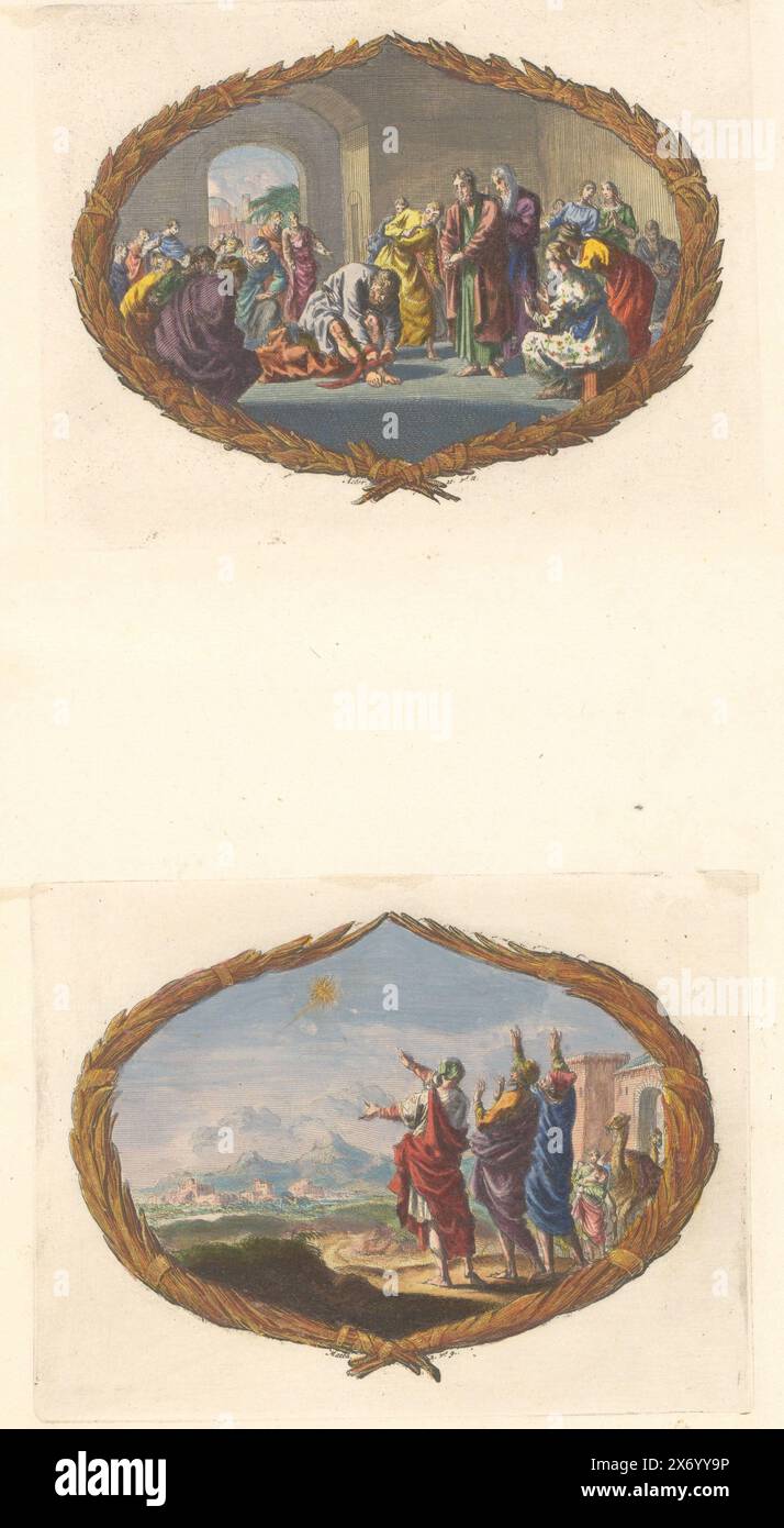 Feuille avec deux vignettes, feuille avec deux vignettes. Ci-dessus : Paul regarde Agabus s'attacher à sa ceinture. Ci-dessous : trois rois voient l'étoile dans le ciel. Feuille dans la deuxième partie de l'image Bible avec le Nouveau Testament, publié par Pieter mortier, Amsterdam 1700., imprimé, Dirk Janszoon van Santen, imprimeur : Jan Luyken, éditeur : Pieter mortier (I), Amsterdam, 1700, papier, gravure, hauteur c. 115 mm × largeur c. 150 mm, hauteur, 440 mm × largeur, 275 mm Banque D'Images