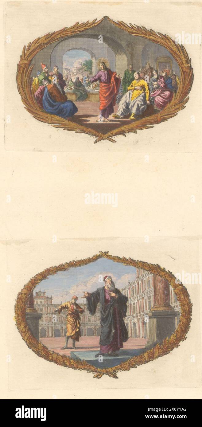 Feuille avec deux vignettes, feuille avec deux vignettes. Ci-dessus : guérison d'un homme dropsy. Ci-dessous : parabole d'un pharisien et d'un percepteur d'impôts. Feuille dans la deuxième partie de l'image Bible avec le Nouveau Testament, publié par Pieter mortier, Amsterdam 1700., imprimé, Dirk Janszoon van Santen, imprimeur : Jan Luyken, éditeur : Pieter mortier (I), Amsterdam, 1700, papier, gravure, hauteur c. 115 mm × largeur c. 150 mm, hauteur, 440 mm × largeur, 275 mm Banque D'Images